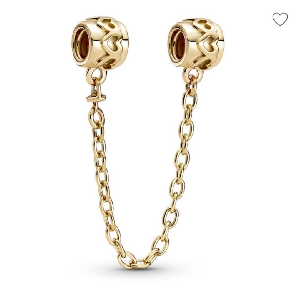 New 14K Pandora Hearts Charm Safety Chain, Solid Gold